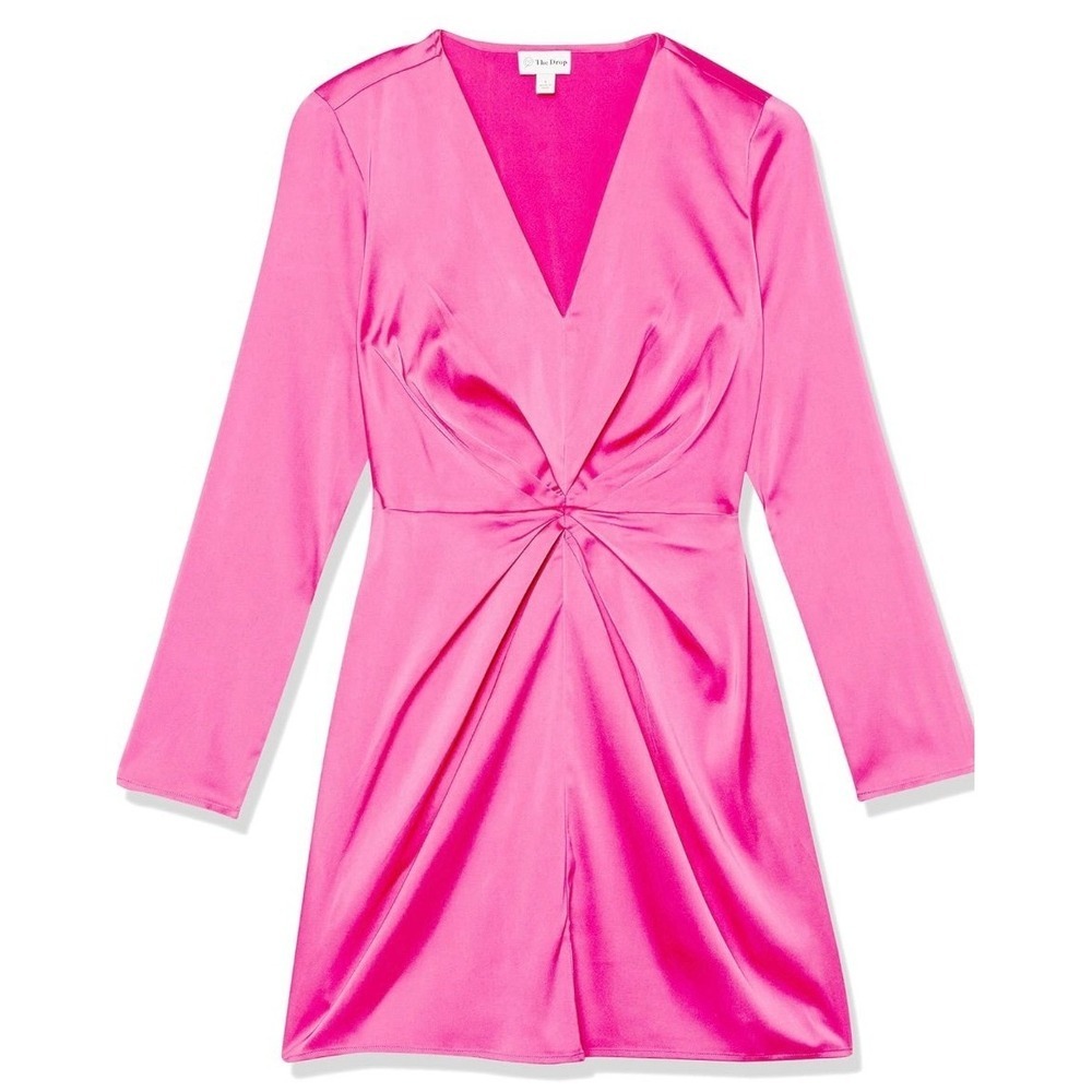 The‎ Drop Tate V-Neck Mini Dress Hot Pink Satin Twist Front Long Sleeve XXS NEW